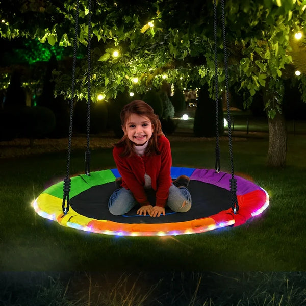 KloKick 700lbs 40 Saucer Tree Swing for Kids  Adults  Durable Outdoor Swing with LED Lights, 2 Tree Hanging Straps. Rainbow