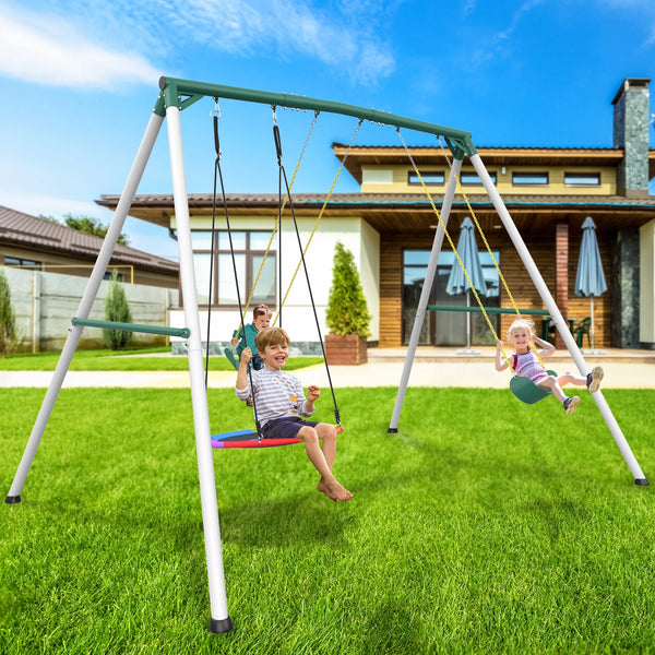 KloKick 9.5  Heavy Duty Swing Set for Kids  Adults  Includes Saucer Swing  2 Belt Swings, Outdoor Playground Equipment for Backyard Fun