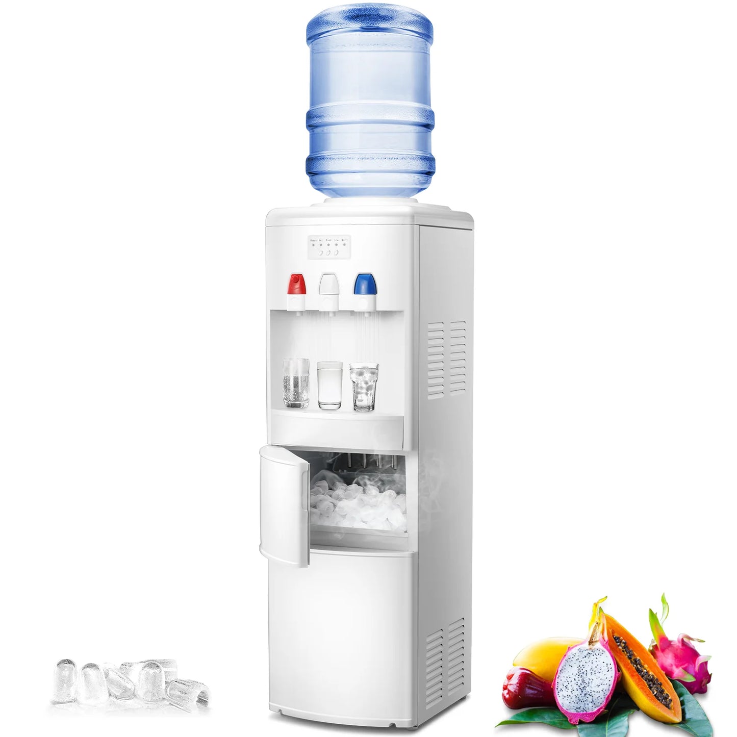 LHRIVER 5 Gallon Water Cooler Dispenser with Built-in Ice Maker, Top Loading Water Dispenser 3 in 1 Hot/Cold/Room Temperature, Child Lock,White