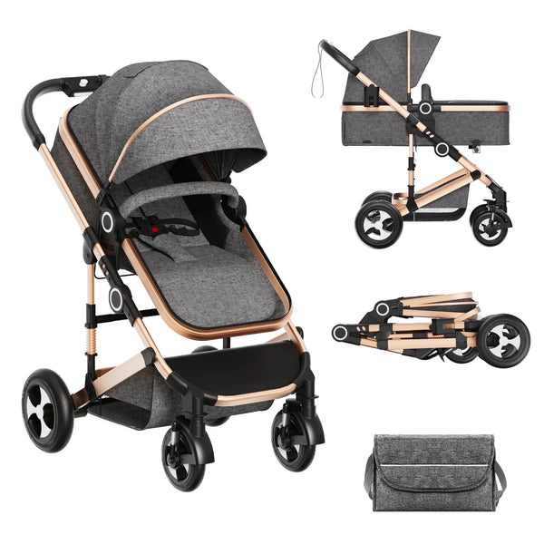 LINLUX 3 in 1 Convertible Baby Stroller, Infant Bassinet Stroller with Big Wheel, Kids Pushchair Rose Gold