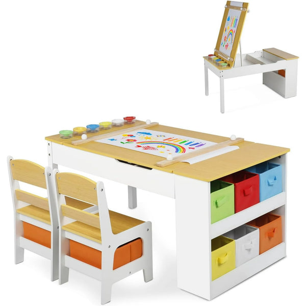 LINLUX 3 in 1 Kids Drawing Table and Chair Set with Art Easel, Toddler Activity Desk for Painting，Natural