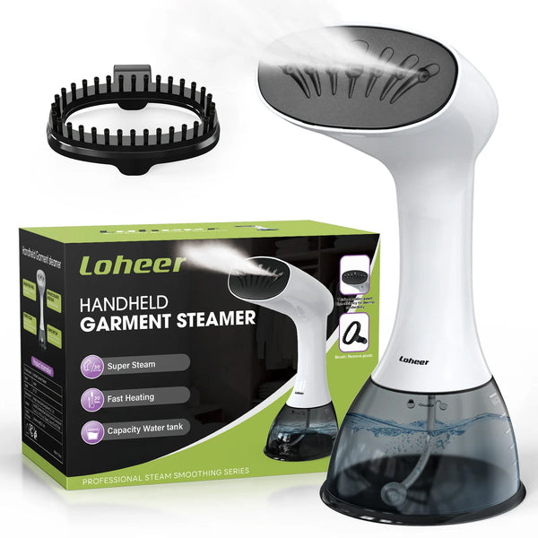 LOHEER Steamer for Clothes, 1350W Portable Handheld Garment Steamer, 400ml Water Tank, White/Black