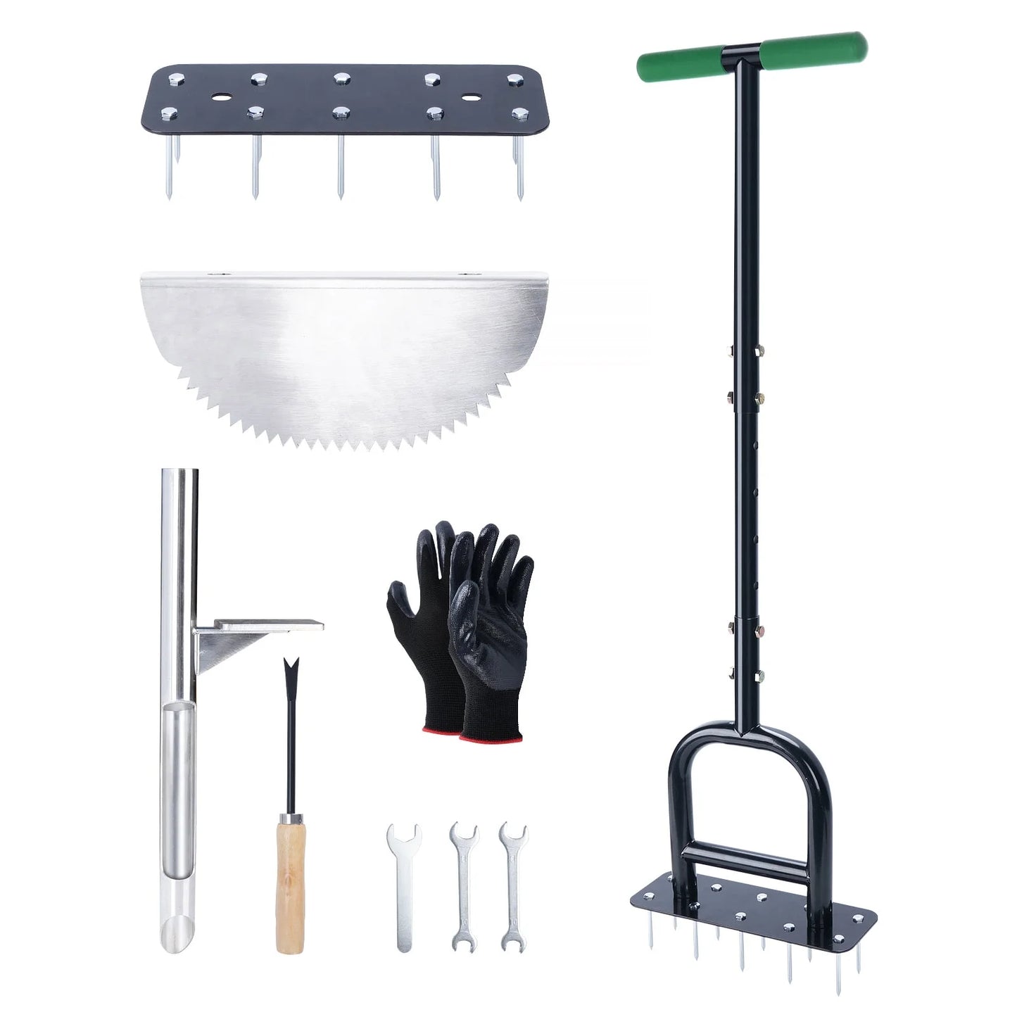 Lawn Aerator Spike 3in1 with 10 Iron Spikes for Garden, Premium Garden Soil Aerating Device & Half Moon Edger, Sharp Saw-Tooth Manuel Edger Lawn Tool with T-Grip Handle