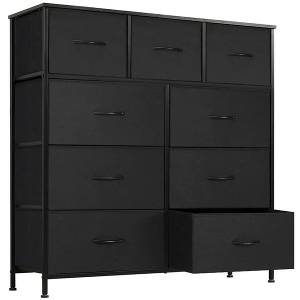 Lockers for Bedroom with 9 Fabric Drawers, Tall Chest Organizer Units for Clothing, Closet, Kidsroom, Storage Tower with Cabinet, Metal Frame, Wooden Top, Lightweight Nursery Furniture - Black