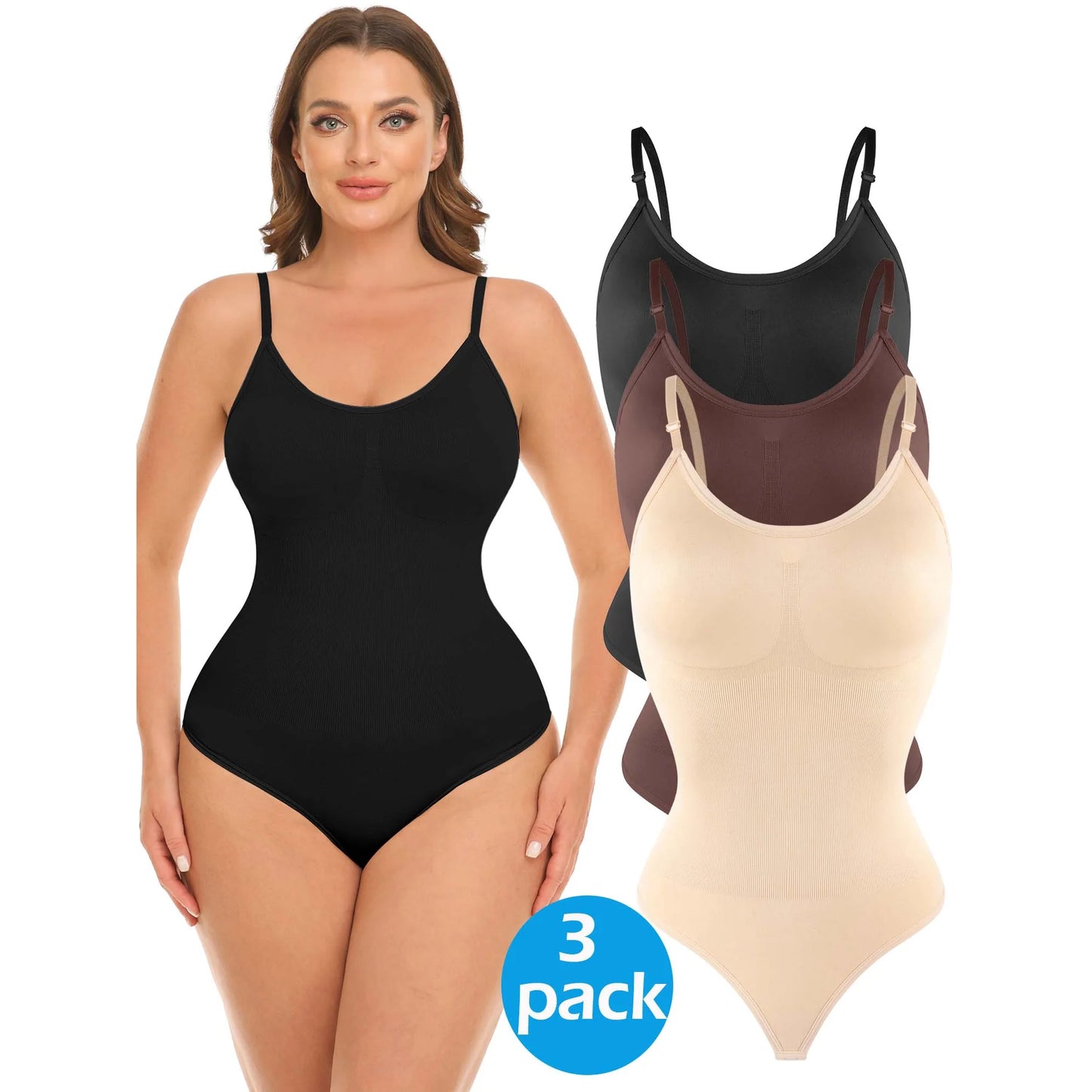 MANIFIQUE 3 Packs Women Shapewear Tummy Control Bodysuit Seamless Sculpting Snatched Waist Body Suit Thong