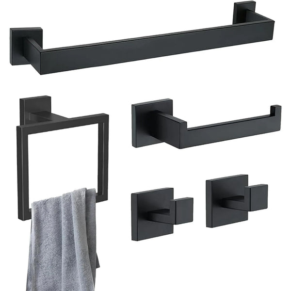 Stusgo 5-Piece Matte Black Bathroom Hardware Set - 304 Stainless Steel Bathroom Towel Holder Set