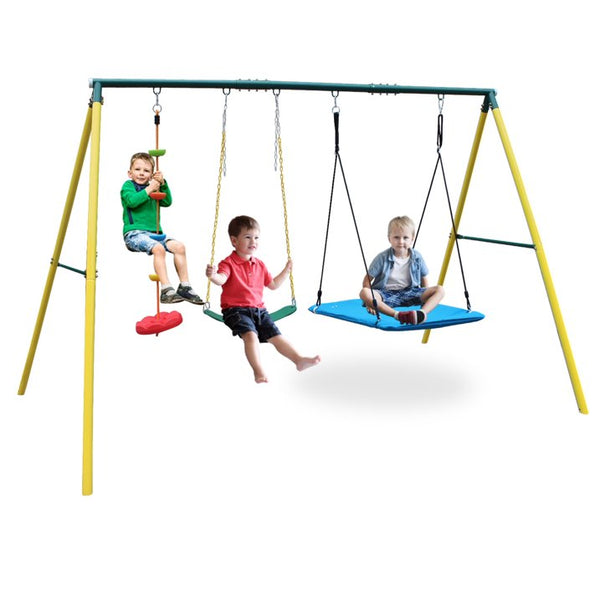 Metal Swing Set for Backyard, SHINPT Small Swing Sets for Kids Aged 3 12, 3in1 Toddler Swing Set with Climbing Rope, Belt Swing and Saucer Swing for Playground, Garden, Park, 300lbs Capacity