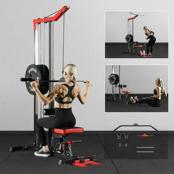 Mikolo LAT Pull Down Machine Set, Multifunction Cable Workout Equipment with Flip-up Footplate and Plates Storage Posts ￼ ￼ ￼ ￼ ￼
