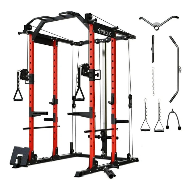 Mikolo Power Rack Cage, 1500 lbs Weight Rack with Cable Crossover Machine, Multi-Function Squat Rack with J Hooks, Dip Bars and Landmine for Home Gym (Red)
