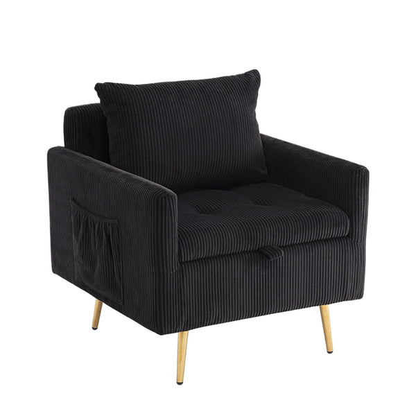 Modern Accent Chair, Single Sofa Armchair with Storage, 1 Pillow, Corduroy Fabric Arm Chair for Living Room, Black