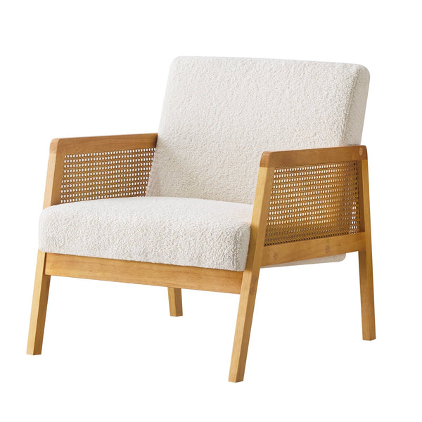 Modern Accent Chair, Upholstered Armchair with Rubber Wood Frame, Comfort Rattan Reading Chair, Lounge Chair for Living Room Bedroom, Ivory white