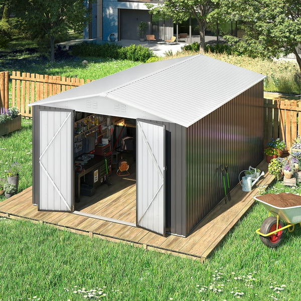 NETAJE 10'x14' Outdoor Metal Shed with Updated Frame, Lockable Doors & Sliding Roof for Backyard, Garden, White