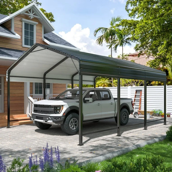 NETAJE 10'x15' Outdoor Heavy-Duty Metal Carport with Enhanced Base & Galvanized Steel Roof for Car, Boats and Truck