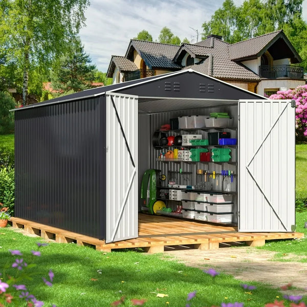 NETAJE 8'x12' Outdoor Metal Storage Shed with Upgraded Frame and Lockable Doors for Backyard, Garden, Lawn