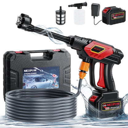 NEXPOW 1000PSI Cordless Pressure Washer, 2.4GPM Portable Power Washer with 6 in 1 Adjustable Nozzle, Power Cleaner with 32.8ft Hose for Cars/Patios