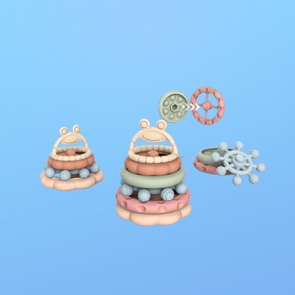 Stacking Rings Toys for Babies Safe Silicone Teething  Nesting Cups, 6 Pcs Frog Learning Tower for Infants 6+ Months, Fun Bath Toy for Toddlers 1 3 Years
