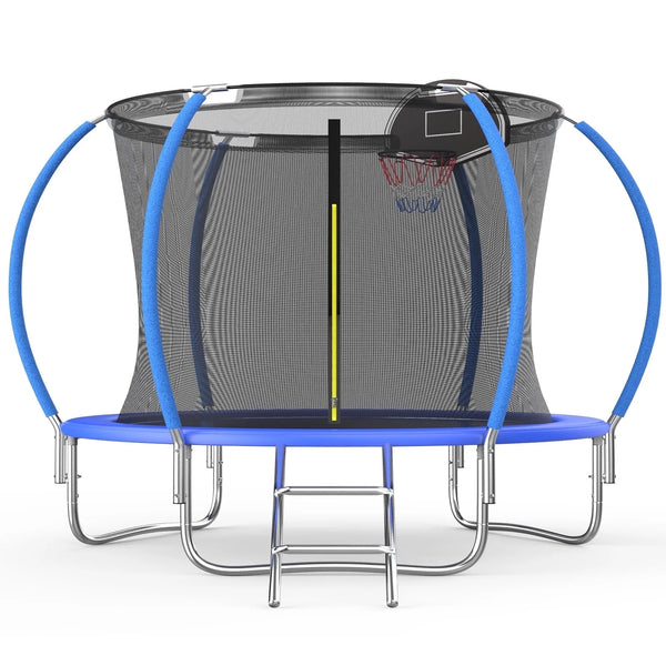 Ovatoys 800LBS 8FT Trampoline for 5 6 Kids ,Trampoline with Safety Enclosure Net,Basketball Hoop and Ladder, Easy Assembly Round Outdoor Recreational Trampoline,Age (3-10)