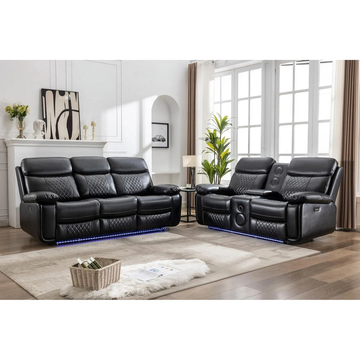 Othniel 2PCS Power Recliner Sofa Sets with Bass Speaker,Wireless Charger LED Light,USB Port,Gray