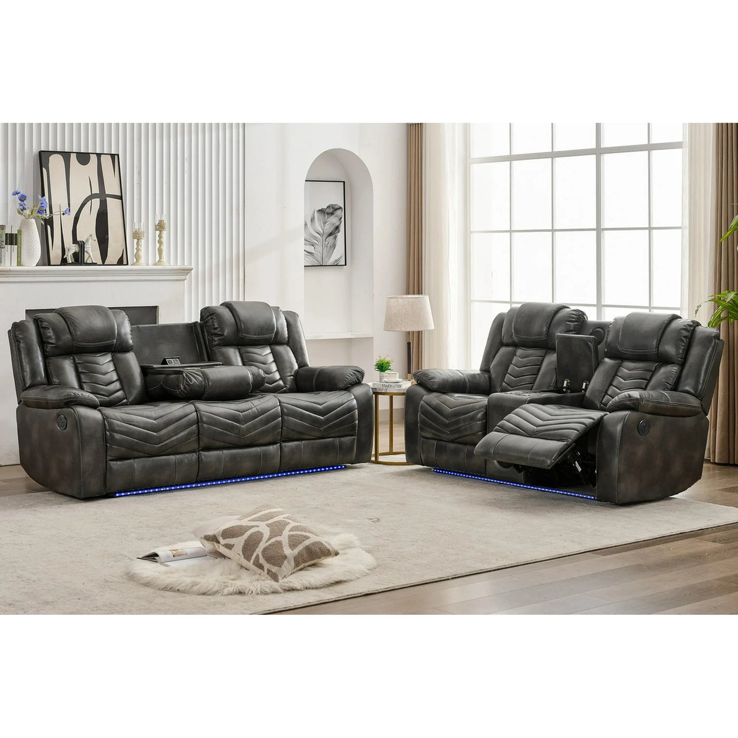 Othniel Manual Recliner Sofa Set 5-Seater with Bass Speaker,Wireless Charger,LED Light Gray