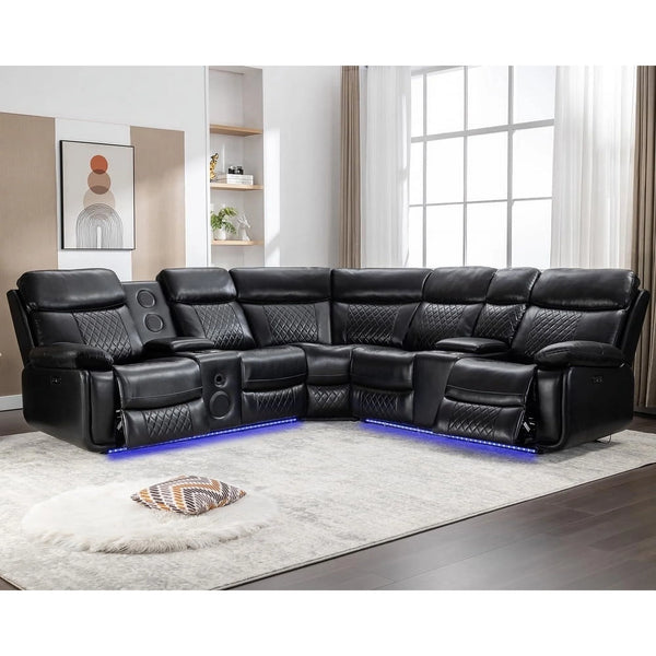 Othniel Power Reclining Sectional Couch with Bass Speaker Ambient Light USB Port,Cup Holder Black