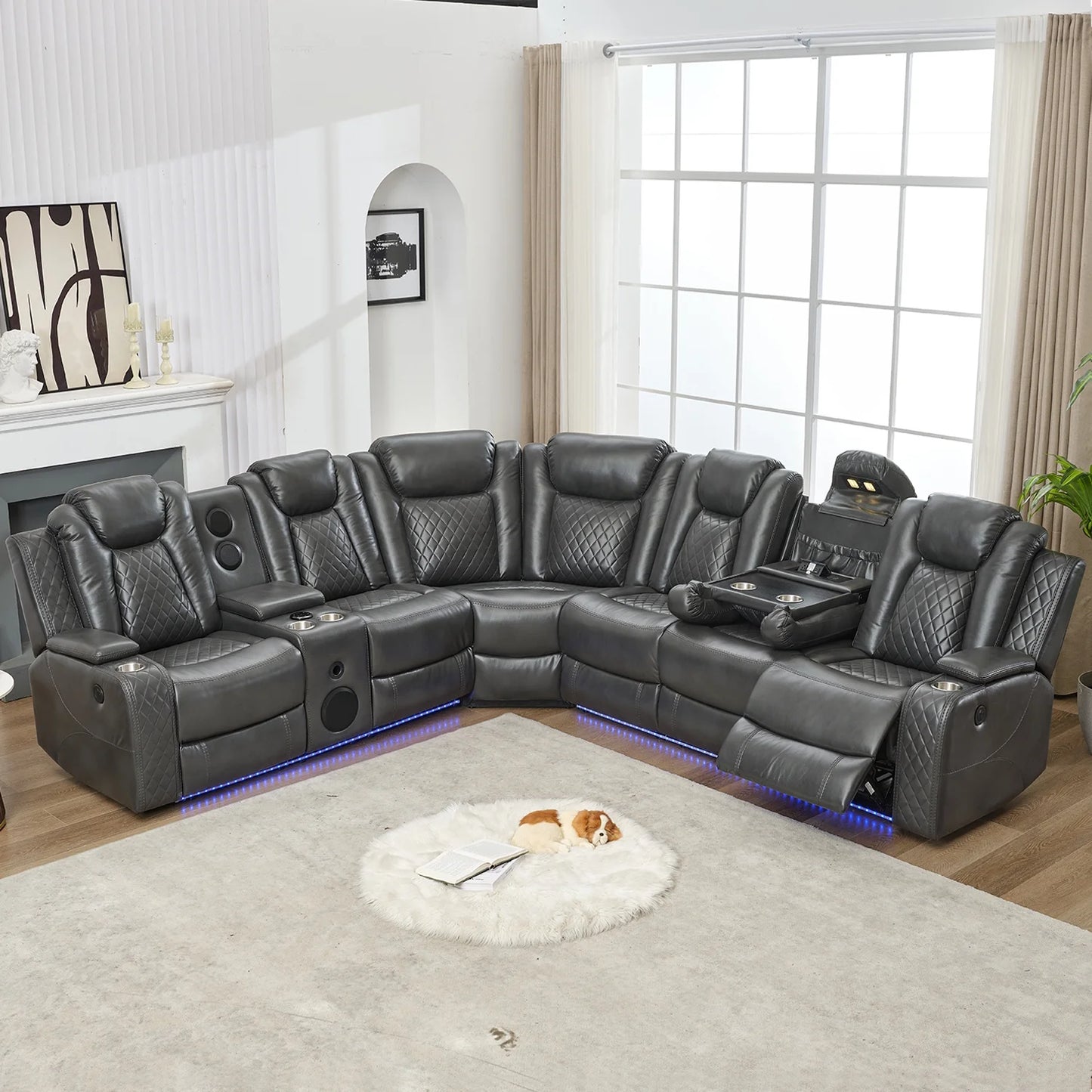 Othniel Power Reclining Sectional Couch with Bass Speaker,Wireless Charger,LED/Reading Light Gray