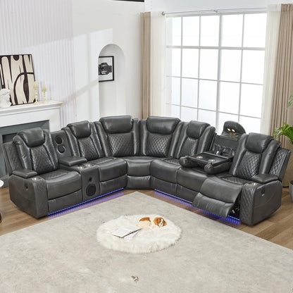 Othniel Power Reclining Sectional Couch with Bass Speaker,Wireless Charger,LED/Reading Light Gray
