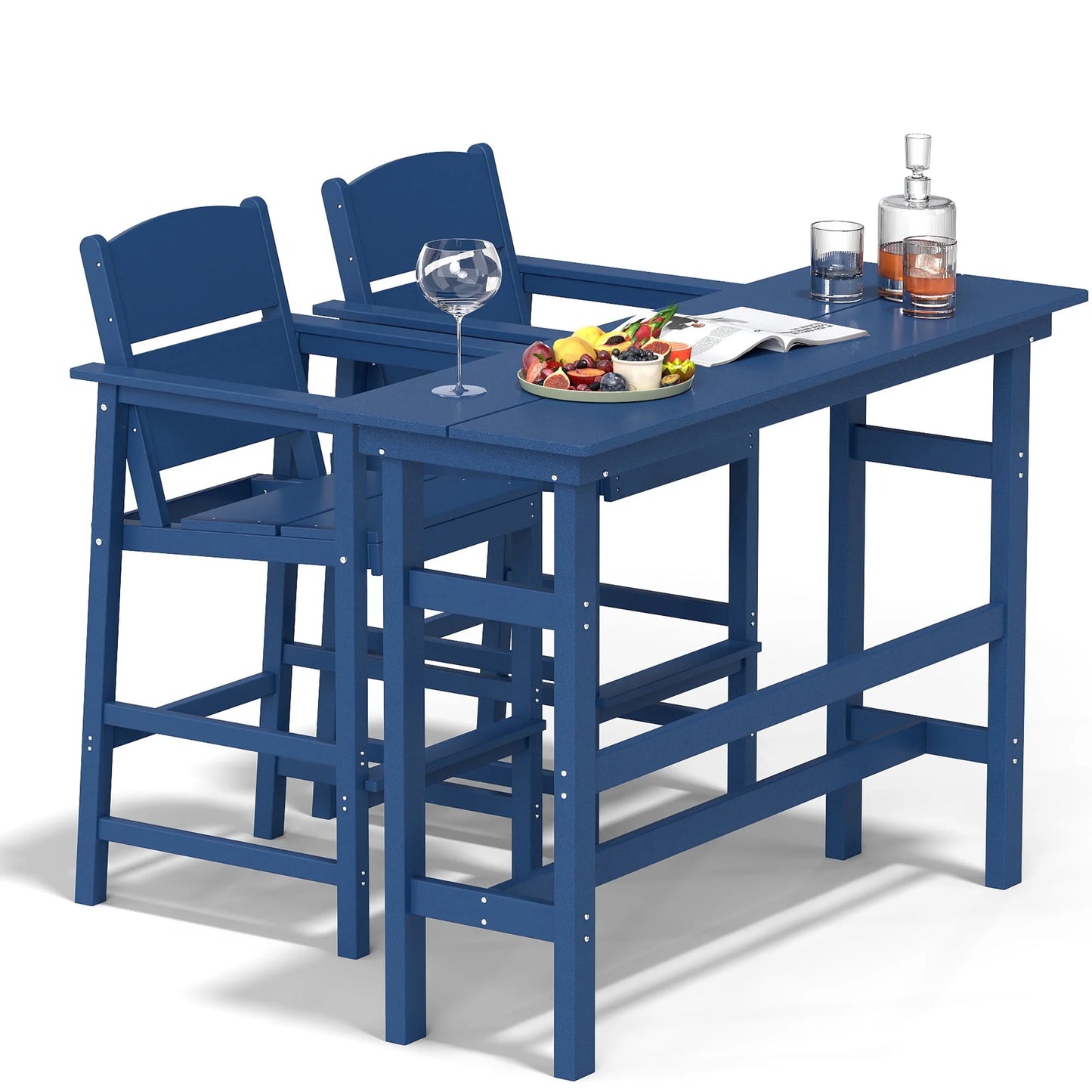 FOOWIN Outdoor Bar Table and Chairs Set, Adirondack Bar Chairs Set of 2 and Bar Height Table, All Weather HDPE Bar Height Patio Set, Navy Blue