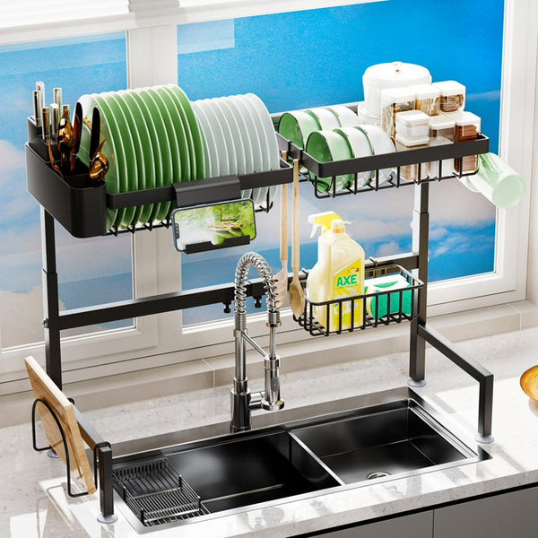 Over The Sink Dish Drying Rack (Expandable Height and Length) Snap-On Design 2 Tier Large Dish Rack (23" - 34" L x 11" W x 19" - 21.5" H)