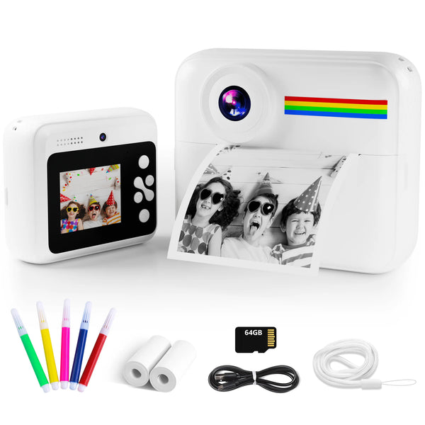 Pink Touch Kids Camera Instant Print, Dual Lens Children Selfie Camera, Christmas Birthday Gift Toy for Boys and Girls, Portable Travel Camera Toy, HD 1080P Kids Camera with SD Card - White