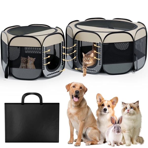 2-in-1 Dog Playpens, SINGES Portable Pet Playpen 2-Room, Pop-up Dog Tent, Foldable Pet Tent, Dog Play Enclosure, Cat Houses