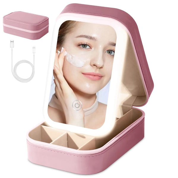 Portable LED Makeup Mirror Case with 3 Adjustable Color Light Settings, Dust-Proof Jewelry Case, Cosmetic Organizer and Multi-Compartment Storage Box for Women (Pink)