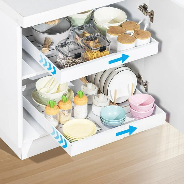 Pull out Cabinet Organizer, Adjustable Width 12.2"-20.1" Expandable Slide out Drawers Storage Rack, Pull-out Shelf Storage for Kitchen Pantry Bathroom Organization (White)