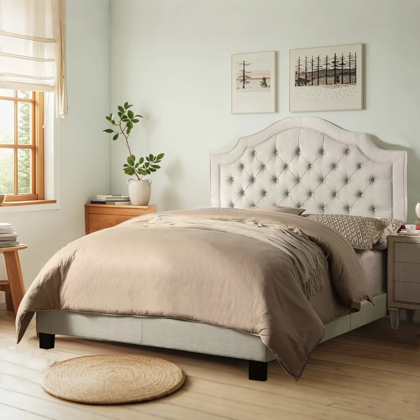 Queen Size Classical Bed Frame with Adjustable Button Tufted Headboard, Fabric Upholstered Platform Bed Frame for Bedroom, Strong Wooden Slat Support, Easy Assembly, Beige