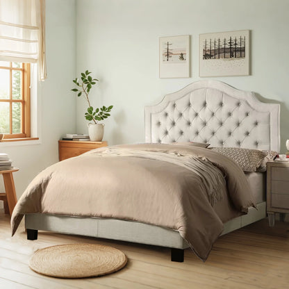 Queen Size Classical Bed Frame with Adjustable Button Tufted Headboard, Fabric Upholstered Platform Bed Frame for Bedroom, Strong Wooden Slat Support, Easy Assembly, Beige