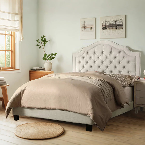 Queen Size Classical Bed Frame with Adjustable Button Tufted Headboard, Fabric Upholstered Platform Bed Frame for Bedroom, Strong Wooden Slat Support, Easy Assembly, Beige
