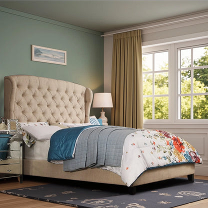 Queen Size Classical Bed Frame with Adjustable Button Tufted Headboard, Fabric Upholstered Platform Bed Frame for Bedroom, Strong Wooden Slat Support, Easy Assembly, Beige