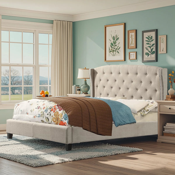 Queen Size Classical Bed Frame with Adjustable Button Tufted Headboard, Fabric Upholstered Platform Bed Frame for Bedroom, Strong Wooden Slat Support, Easy Assembly, Beige