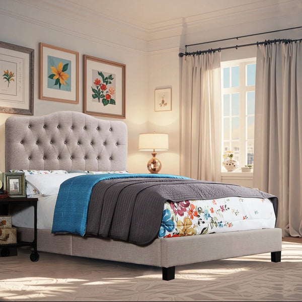 Queen Size Classical Bed Frame with Adjustable Button Tufted Headboard, Fabric Upholstered Platform Bed Frame for Bedroom, Strong Wooden Slat Support, Easy Assembly, Beige