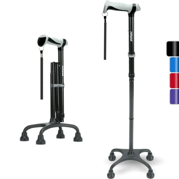 REHAND Adjustable Foldable Quad Cane,Lightweight Walking Cane for Men  Women with 4 Pronged Base for Extra Balance  Stability,Black