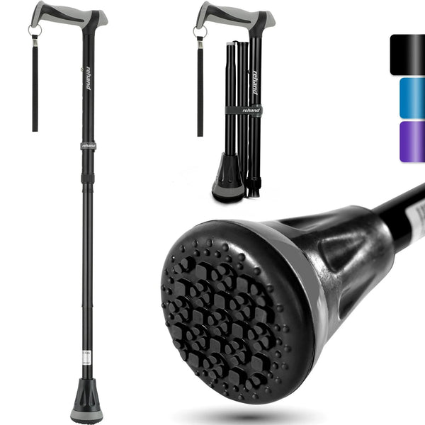 REHAND Adjustable Foldable Walking Cane for Seniors  Lightweight Heavy Duty Canes with Non-Slip Grip, Collapsible Design (Black)