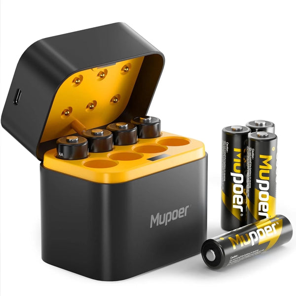 Rechargeable AA Lithium Batteries with Charging Storage Box, 8 Count 3600mWh 1.5V Double A Batteries 1600 Cycles, Long Lasting Rechargeable with for Toy、Camera, Golden