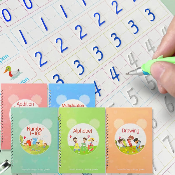 Rizulfey Grooved Magic Practice Copybook, Reusable Writing Workbook for 3 8 Kids,(5Books with 2Pens)