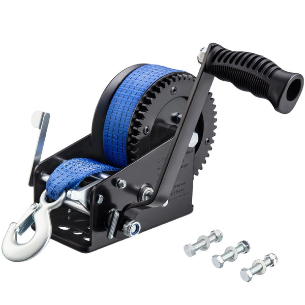 Audew Rope Crank Hand Winch 3500 lbs Capacity Boat Trailer Winch Heavy Duty 33 ft Polyester Strap and Two-Way Ratchet, Manual Operated Hand Crank Winch for Trailer, Boat or ATV Towing
