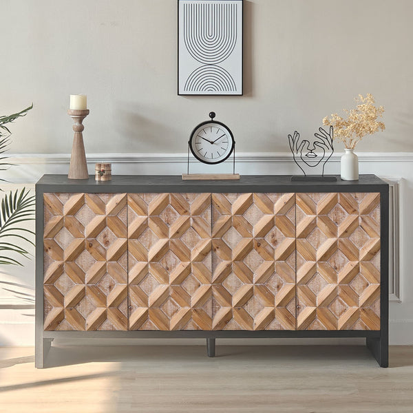 Rustic 4 - Door Wood Cabinet with Geometric Pattern – Modern Storage Solution for Any Space