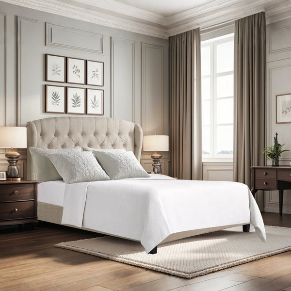 SENCHO GINSYTALIOR Bed Frame,Wingback Bed Frame with Signature Design Adjustable Headboard,Upholstered with Button Tufting Bed for Bedroom,Wood Slat Support,Eesy Assembly,Queen,Linen Beige