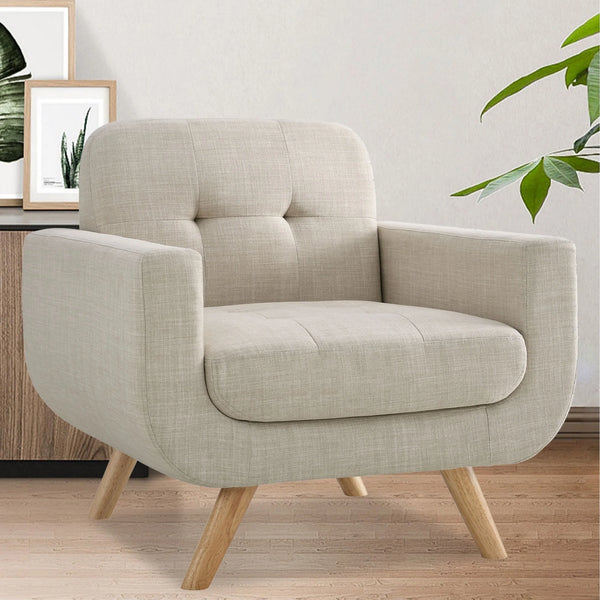 SENCHO GINSYTALIOR Mid-Century Accent Chairs, Modern Upholstered Living Room Chair, Cozy Armchair Button Tufted Back and Wood Legs for Bedroom/Office/Cafe,Beige