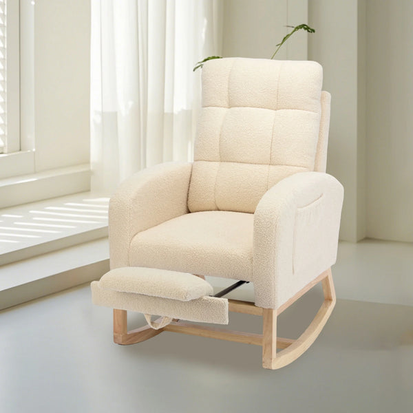 SENCHO GINSYTALIOR Modern Accent Rocking Chair with Solid Wood Legs, adjustable Footrest,Comfy Armchair with Side Pocket, Living Room Lounge Arm Chair with High Backrest(Beige）