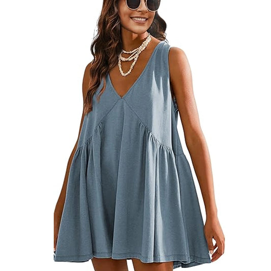 SHIBEVER Womens Summer Sleeveless Mini Dress Casual Loose V Neck Sundress with Pockets Dresses for Womens Clothes Tunic Casual Swing Dress