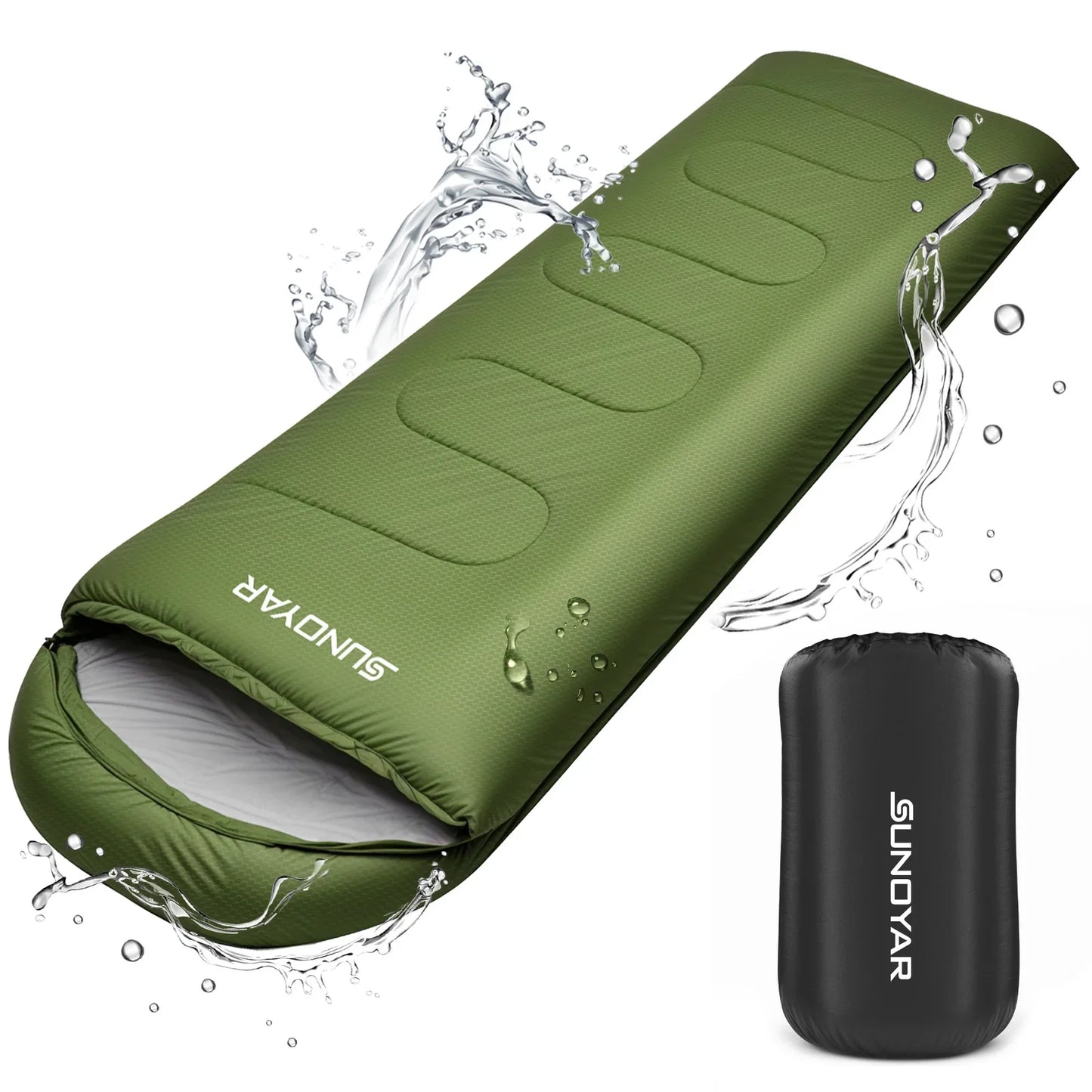 SUNOYAR Sleeping Bag, Waterproof Portable Sleeping Bags for Adults with Compression Sack for All Season Camping, Hiking, Tent, Travel, Green