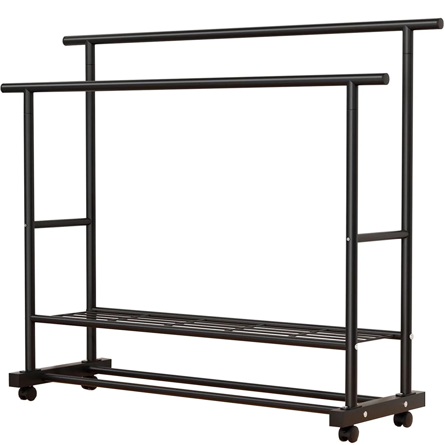 SUSUZI Double Rods Garment Rack with Wheels, Freestanding Clothing Rack for Hanging Clothes